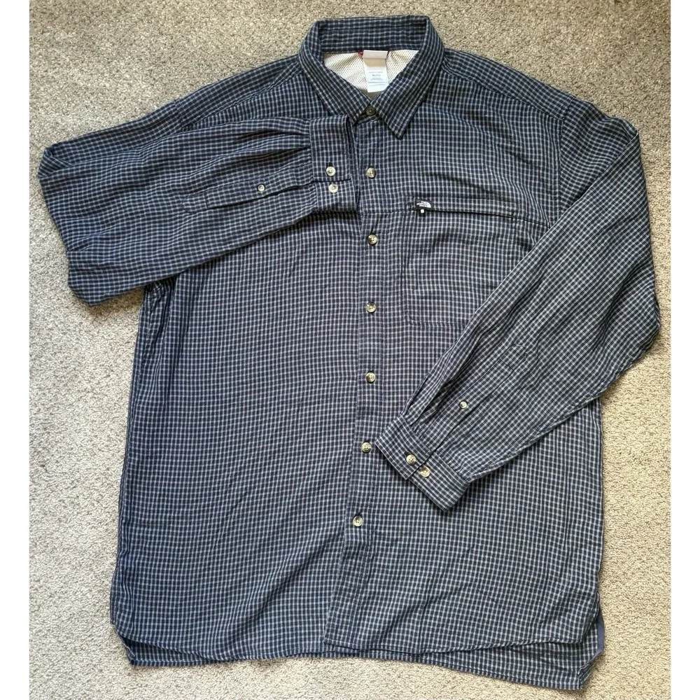 North Face‎ Mens XL Blue Flannel Plaid Vented Long Sleeve Button Shirt Outdoor